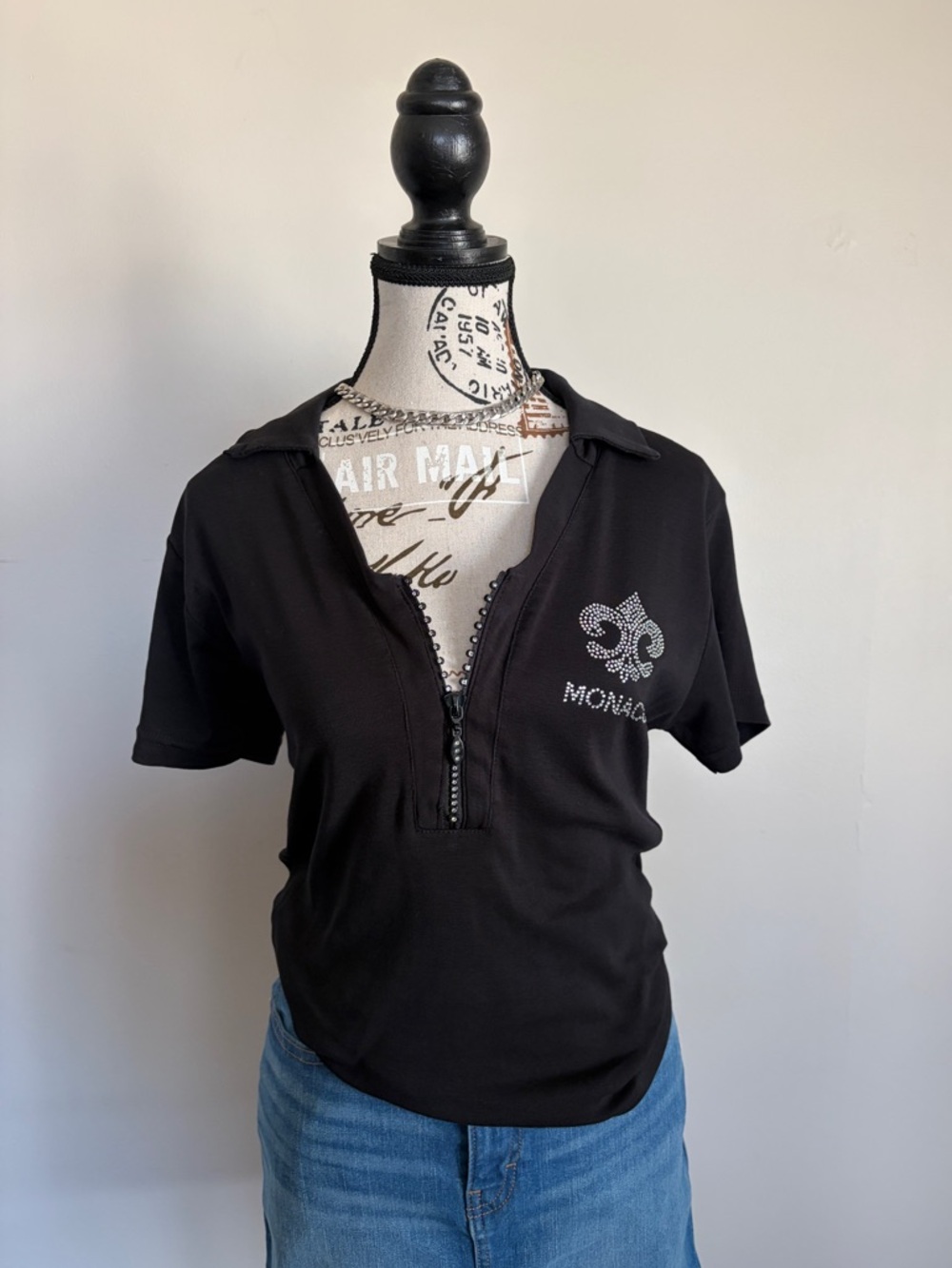 90’s vintage Monaco black rhinestone zip polo top
